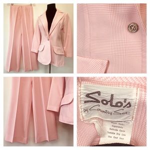 Solos by Country Set Pink Jacket Pant Suit size XS Vintage 70s Wide Leg Plaid P4